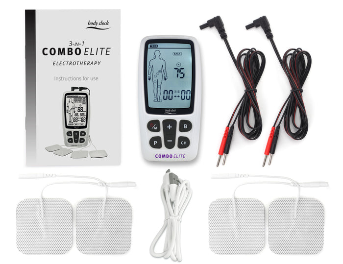 Elle TENS Combo Elite contents displayed including TENS unit, electrodes, leads, and accessories