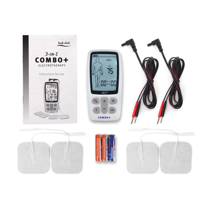 Combo Plus electrotherapy device contents showing what’s included in the box