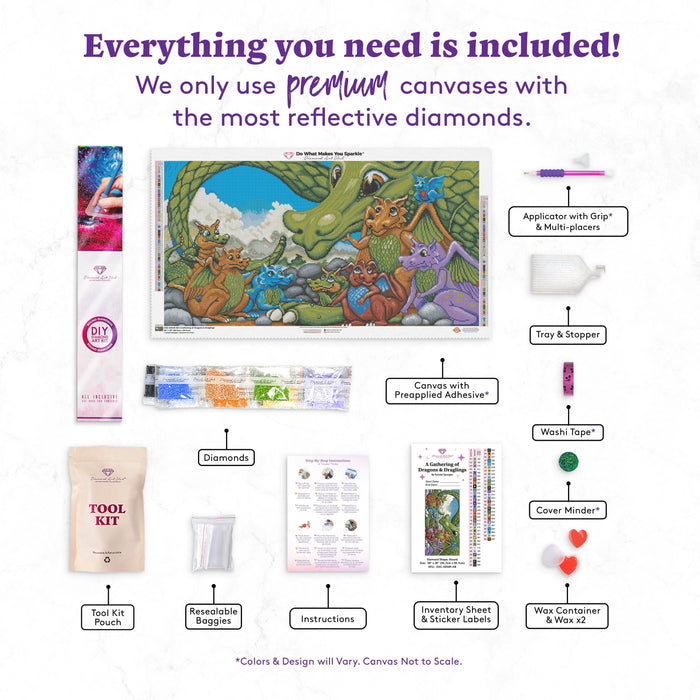 Diamond Painting A Gathering of Dragons & Draglings 20" x 38" (50.7cm x 96.7cm) / Round with 59 Colors including 4 ABs / 62,445