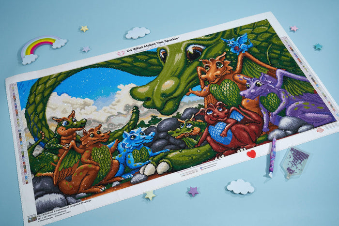 Diamond Painting A Gathering of Dragons & Draglings 38" x 20" ( 96.7cm x 50.7cm) / Round with 59 Colors including 4 ABs / 62,445