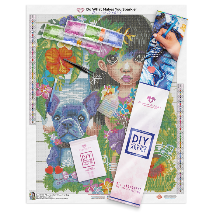 Diamond Painting A Hawaiian Girl And Her Dog 22" x 28″ (56cm x 71cm) / Square with 63 Colors including 3 ABs / 62,322