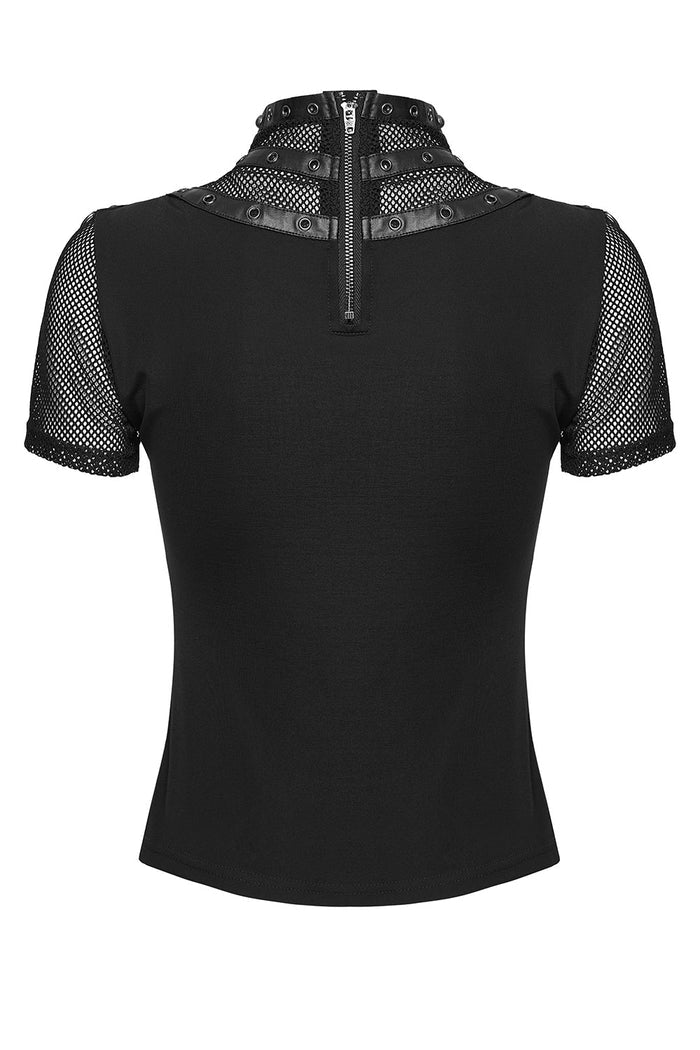 d-ring studded black short sleeve fishnet shirt for women