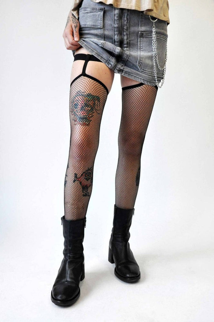 black stretchy fishnet thigh high garter stockings with attached garter bands that won't roll down