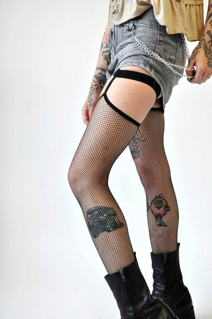 black netted fishnet thigh high garter stockings with attached garter bands that won't roll down  by Noctex