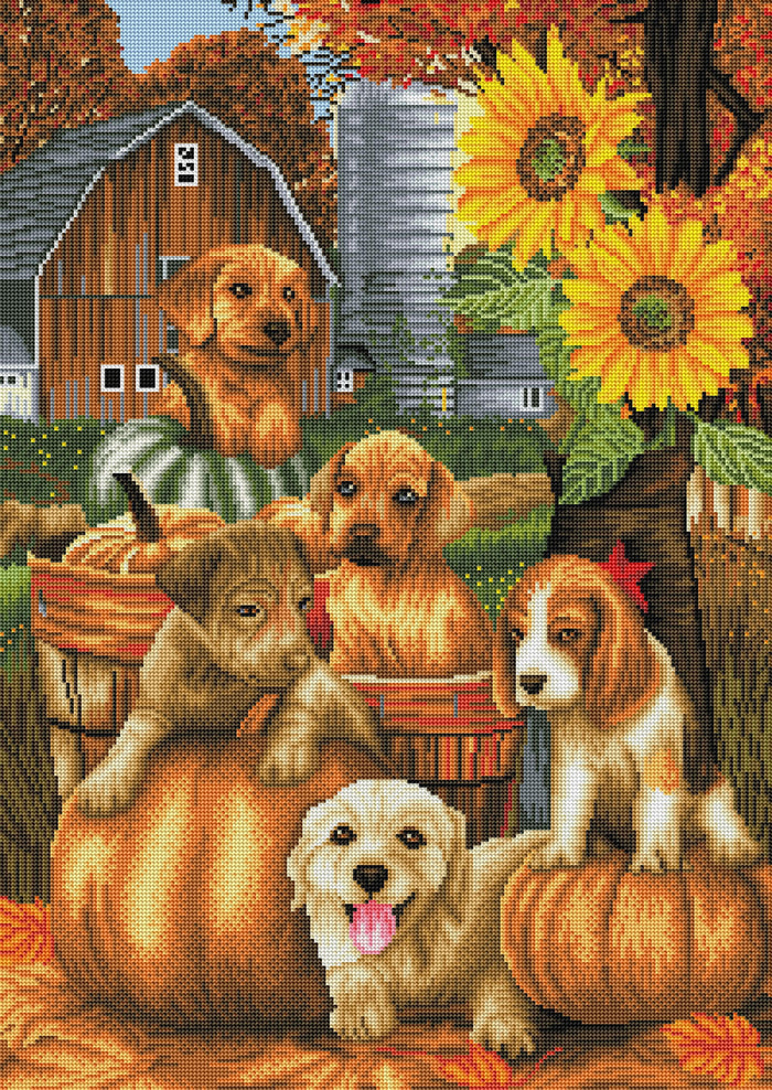 Diamond Painting Autumn Puppies 22" x 31" (55.8cm x 78.7cm) / Round With 47 Colors Including 3 ABs / 55,919