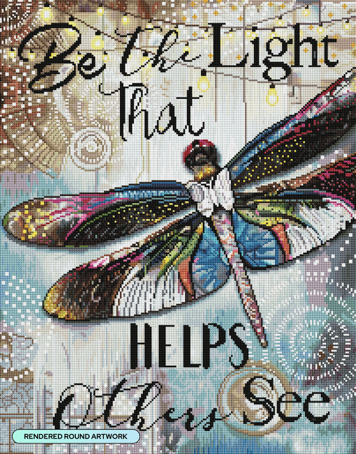 Diamond Painting Be the Light Dragonfly 22" x 28" (55.6cm x 70.7cm) / Round with 73 colors including 2 ABs and 2 iridescent Diamonds and 5 Fairy Dust Diamonds / 51,914