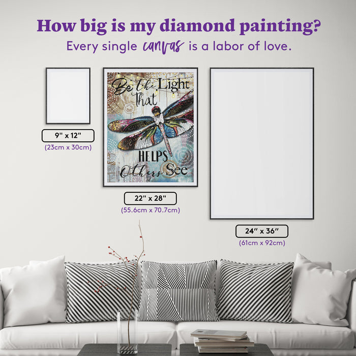 Diamond Painting Be the Light Dragonfly 22" x 28" (55.6cm x 70.7cm) / Round with 73 colors including 2 ABs and 2 iridescent Diamonds and 5 Fairy Dust Diamonds / 51,914
