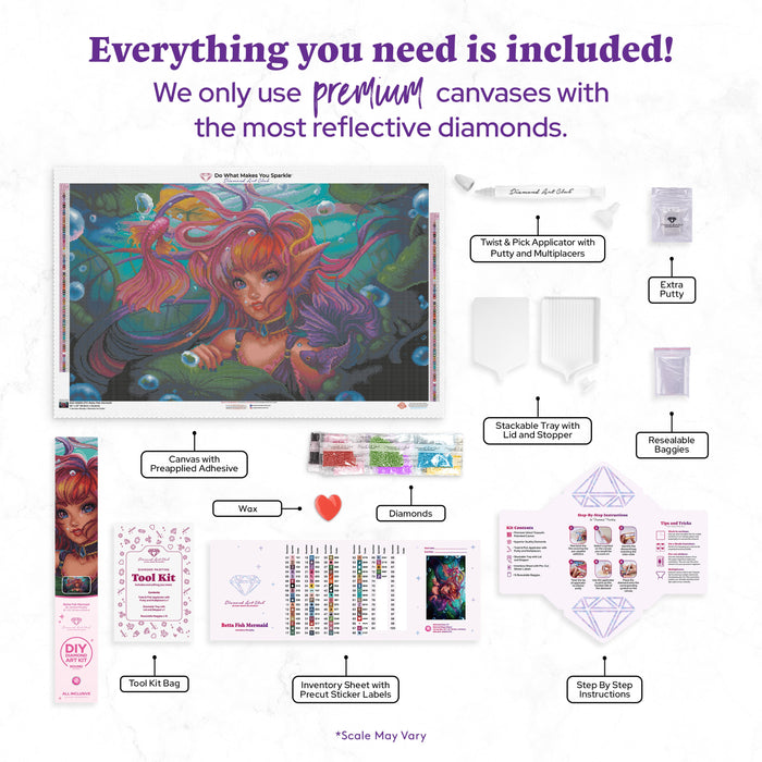 Diamond Painting Betta Fish Mermaid 36" x 22" (91.9cm x 55.6cm) / Round with 73 Colors including 2 ABs and 1 Iridescent Diamond and 6 Fairy Dust Diamonds / 67,468