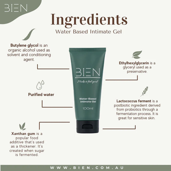 BIEN water based intimate gel 100ml packaging showing product texture