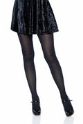 Person wearing black tights and a black skirt on a white background