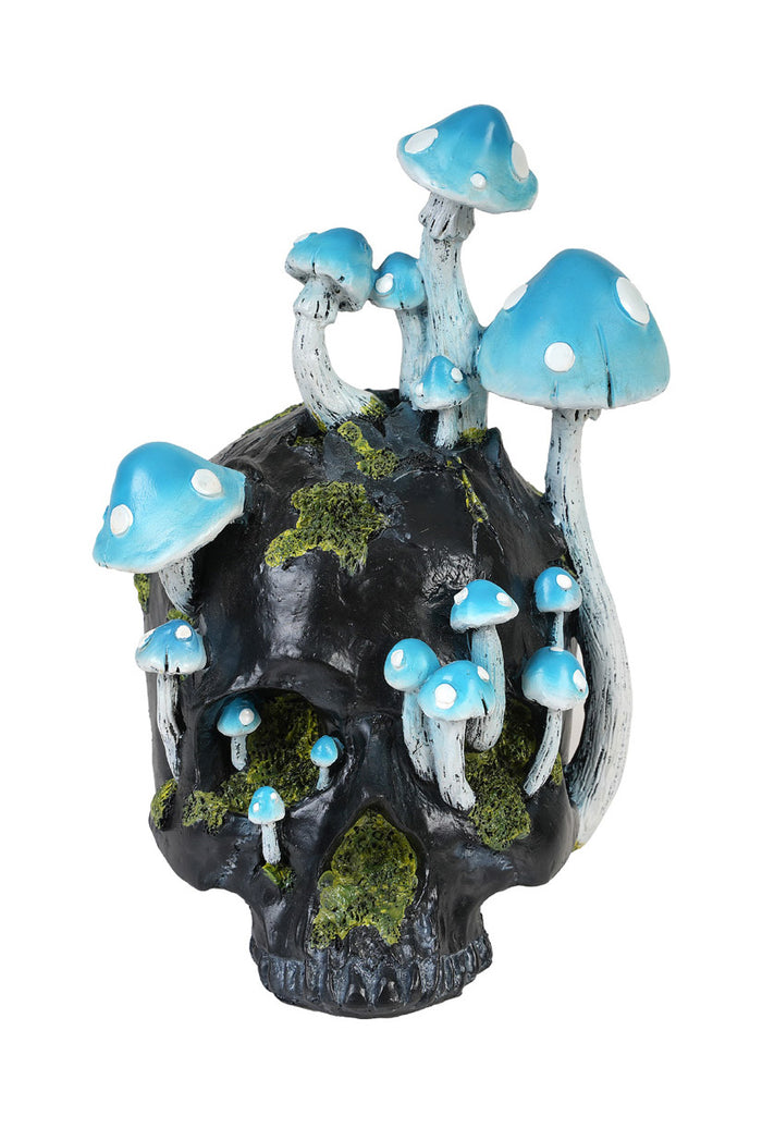 Decorative skull with blue mushrooms on a white background
