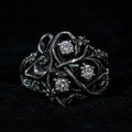 Blackthorn vine three-stone ring in 925 sterling silver with lab diamond — Art Nouveau botanical thorn setting front view