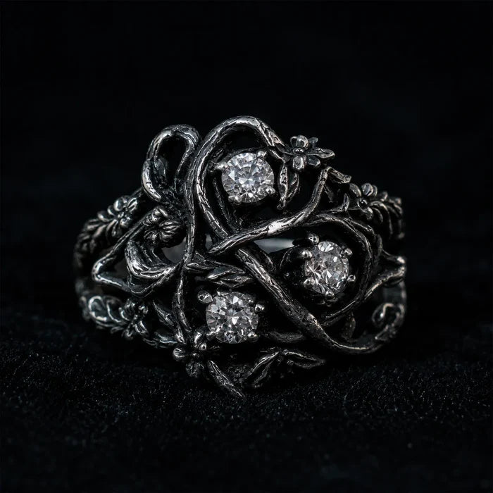 Blackthorn vine three-stone ring in 925 sterling silver with lab diamond — Art Nouveau botanical thorn setting front view