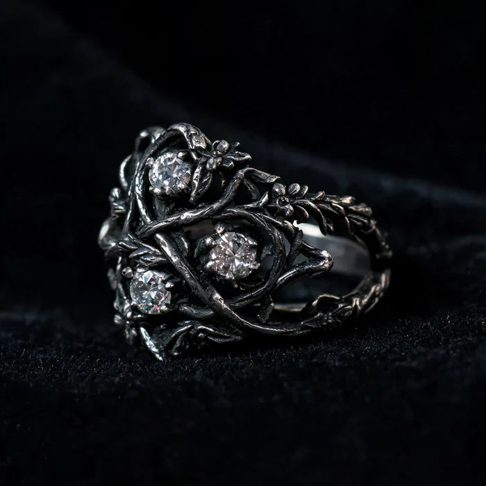 Blackthorn vine ring — three brilliant-cut lab diamonds in hand-oxidized bramble and briar sterling silver setting