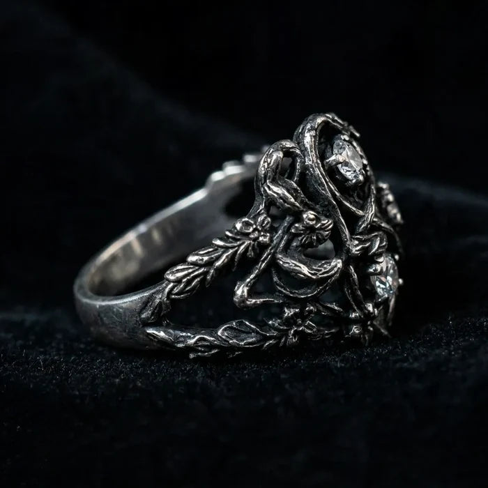 Blackthorn vine three-stone ring with moissanite — Dark Academia botanical engagement ring in oxidized sterling silver