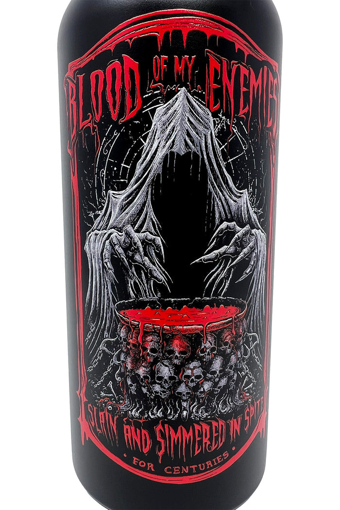 Bottle label with dark design and text 'Blood of My Enemies' on a black background