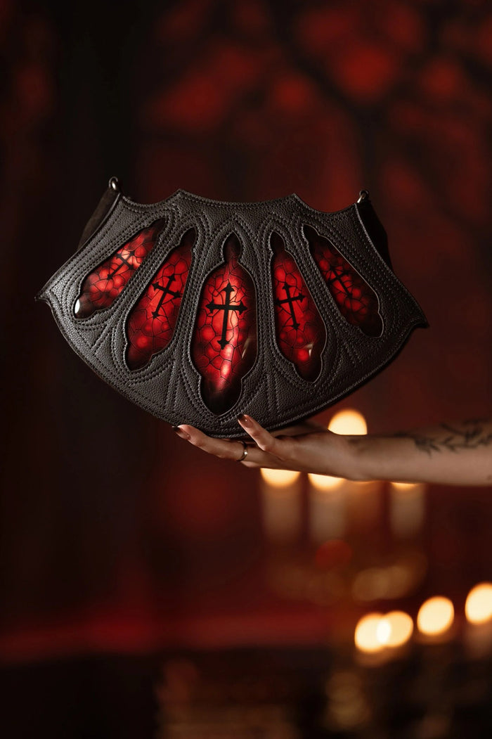 red and black gothic cathedral purse