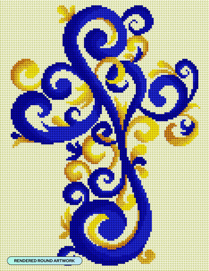 Diamond Painting Blue and Gold Ornate Cross 13" x 17" (32.8cm x 42.6cm) / Round with 9 Colors including 2 ABs Diamonds / 17,784
