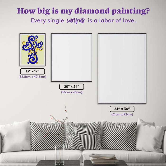 Diamond Painting Blue and Gold Ornate Cross 13" x 17" (32.8cm x 42.6cm) / Round with 9 Colors including 2 ABs Diamonds / 17,784