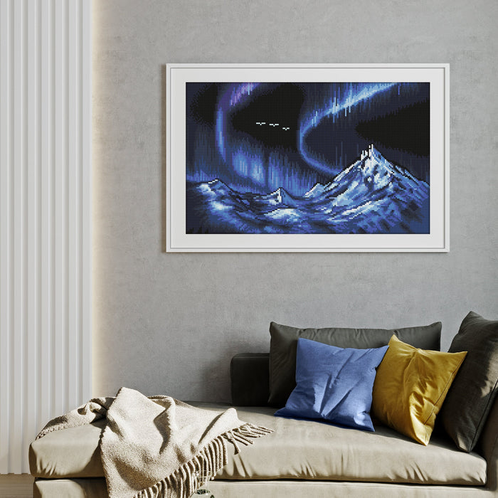 Diamond Painting Blue Aurora Mountains 20" x 13" (50.6cm x 33cm) / Round with 18 Colors including 1 AB and 3 Fairy Dust Diamonds / 22,080
