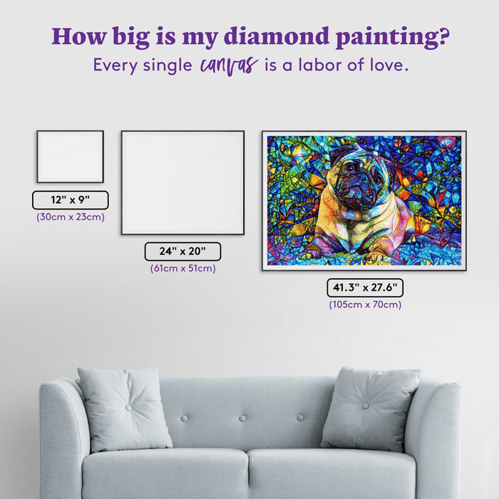 Diamond Painting Bruno the Stained Glass Pug 41.3" x 27.6" (105cm x 70cm) / Square with 60 Colors including 4 ABs and 3 Fairy Dust Diamonds / 118,301