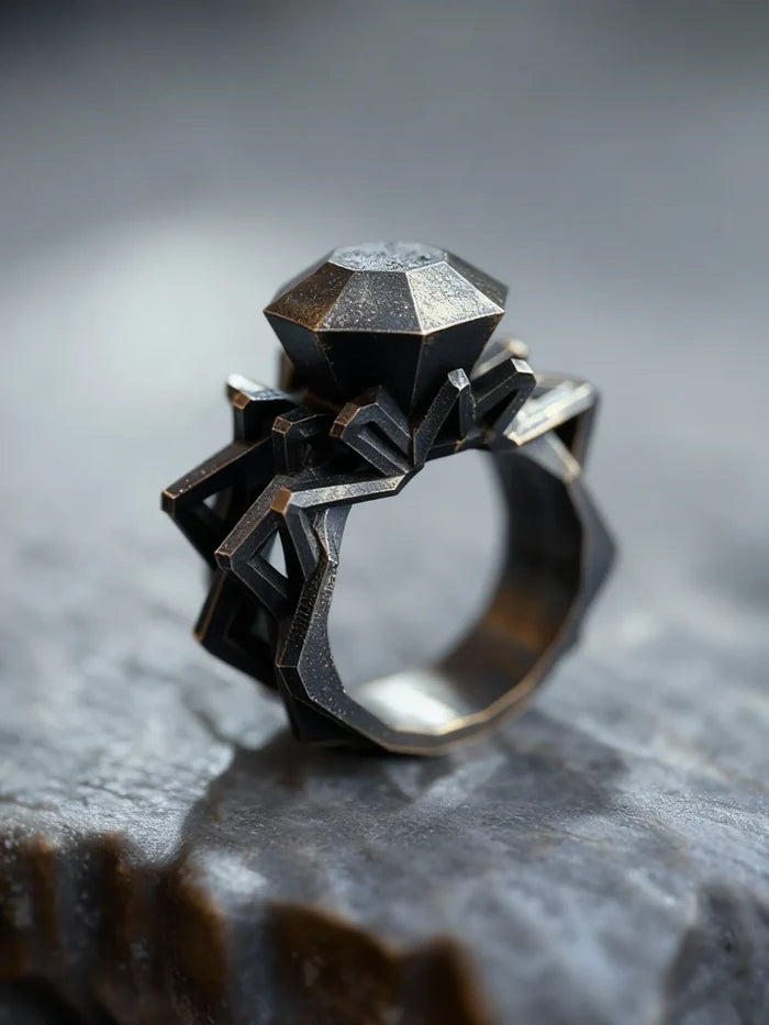 Brutalist Metal Solitaire Ring — a carved faceted metal 'diamond' on scaffold prongs over a faceted oxidized 925 sterling silver band, angled view