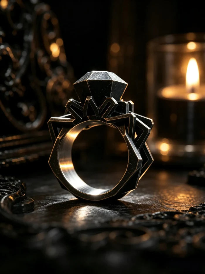 Architectural brutalist metal solitaire ring in hand-oxidized 925 sterling silver