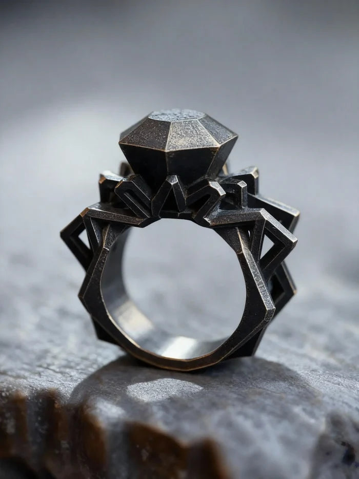 Front view of the Brutalist Metal Solitaire Ring showing the faceted metal diamond and scaffold setting