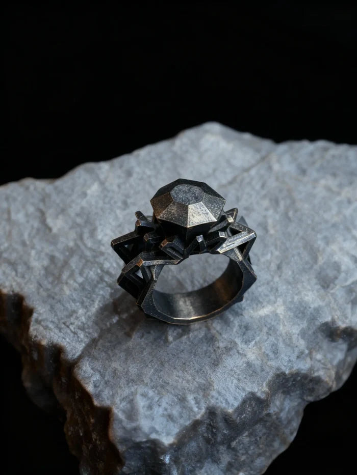 Brutalist metal solitaire ring, raw textured oxidized silver, close detail