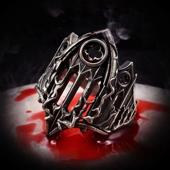 Burning Cathedral Ring — an openwork Gothic cathedral ruin in oxidized 925 sterling silver, dramatic smoke-and-red styling
