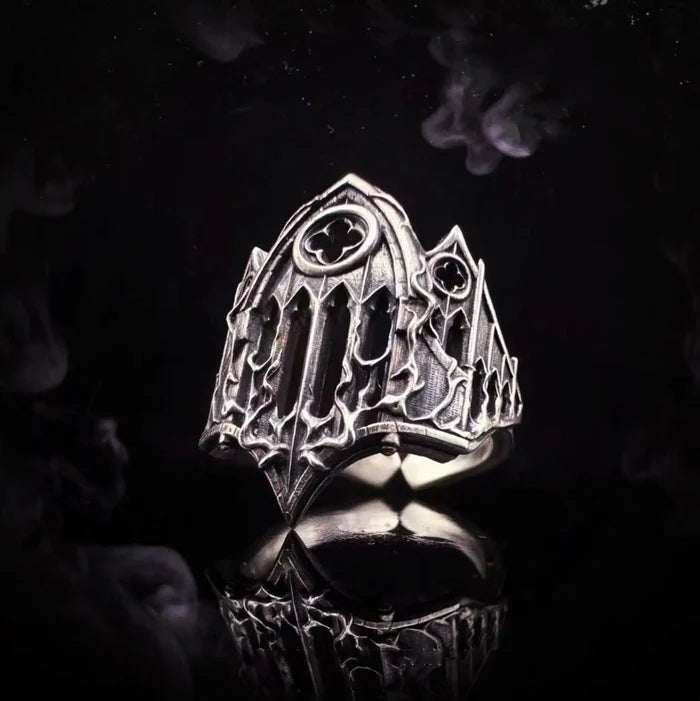 Burning Cathedral Ring, ruined Gothic cathedral facade in 925 sterling silver, detail
