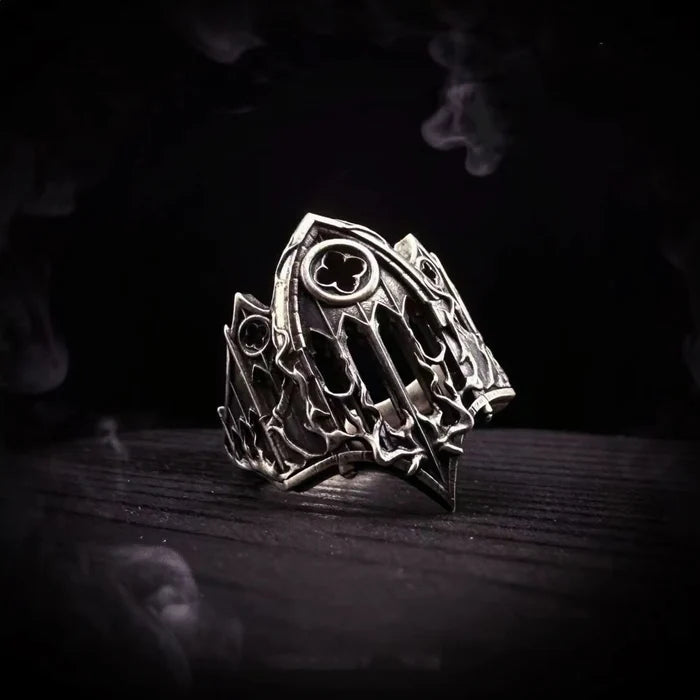 Side profile of the Burning Cathedral openwork ring in oxidized sterling silver
