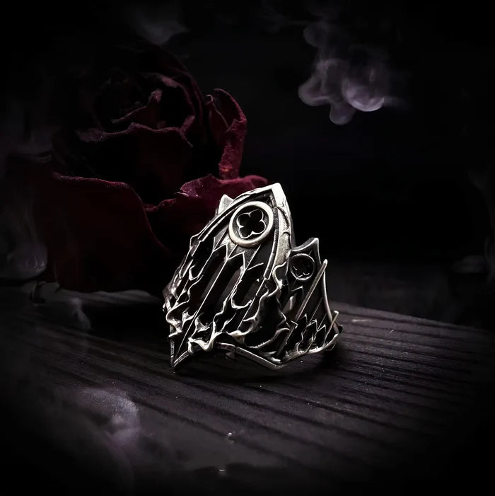 Burning Cathedral gothic ruin ring, hand-carved oxidized sterling silver