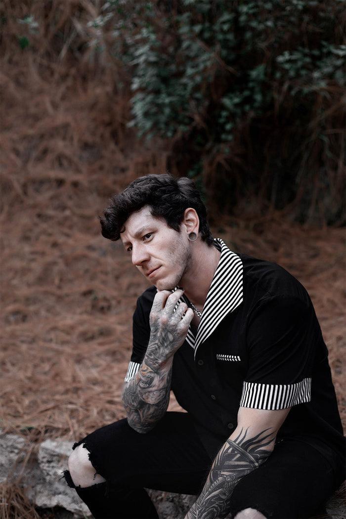 black and white striped goth button down shirt