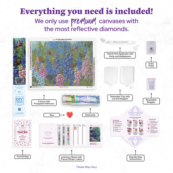 Diamond Painting Butterfly and Delphinium 30" x 22" (76cm x 56cm) / Square with 54 Colors including 4 ABs / 68,320