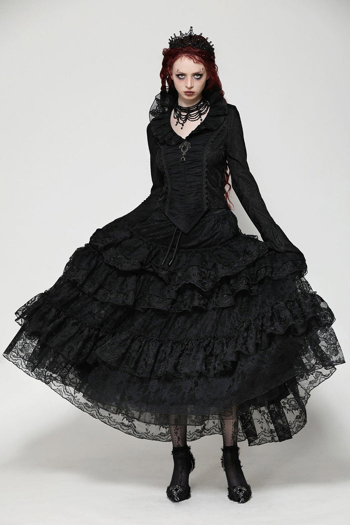 womens ruffled romantic goth long  black skirt