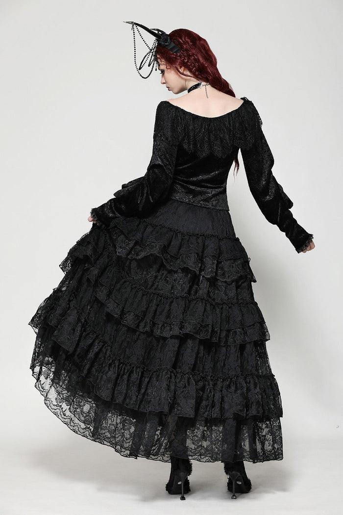 womens ruffled black lace vampire goth long skirt