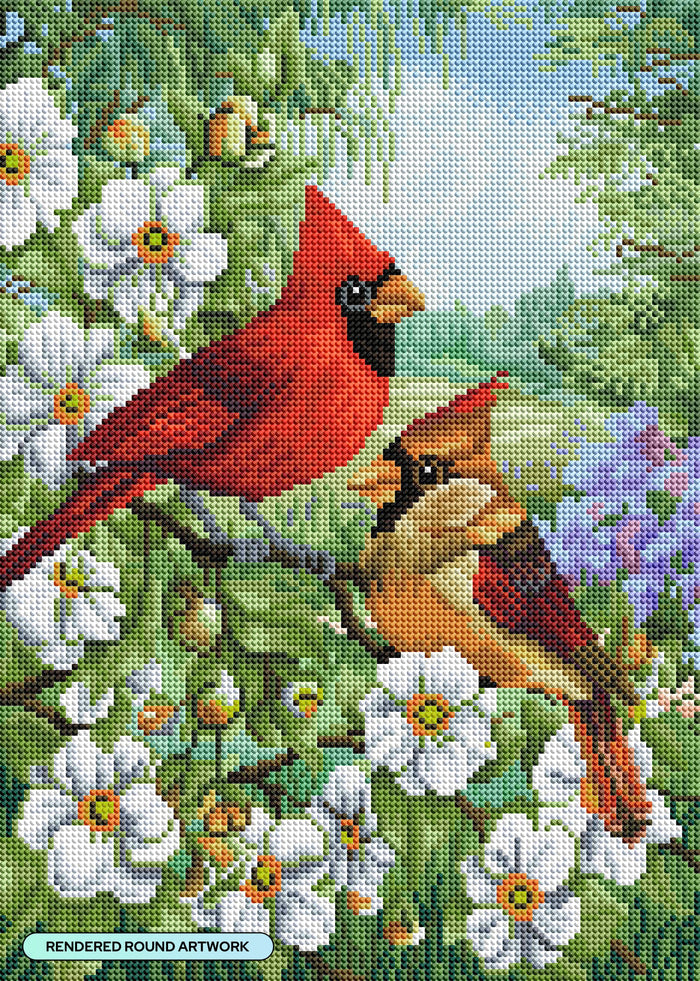 Diamond Painting Cardinal Couple 13" x 18" (32.8cm x 46cm) / Round with 62 Colors including 3 ABs and 1 Fairy Dust Diamonds / 19,188