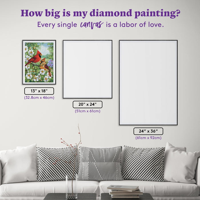 Diamond Painting Cardinal Couple 13" x 18" (32.8cm x 46cm) / Round with 62 Colors including 3 ABs and 1 Fairy Dust Diamonds / 19,188