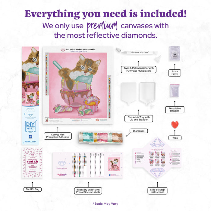 Diamond Painting Cat & Cupcake 16" x 18″ (41cm x 46cm) / Square with 42 Colors including 2 ABs / 13,611