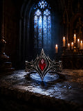 Gothic 925 sterling silver cathedral chevron ring with red moissanite — V-shaped lancet crest front view