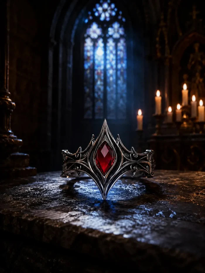 Gothic 925 sterling silver cathedral chevron ring with red moissanite — V-shaped lancet crest front view