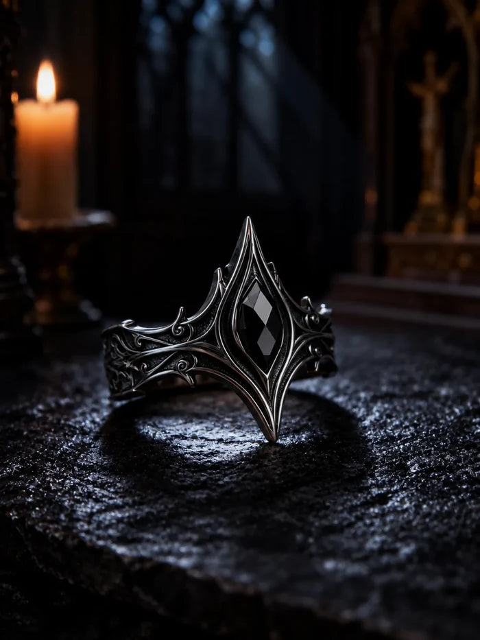 Cathedral chevron ring with black onyx — gothic V-crest band in 925 sterling silver, vaulted ceiling geometry