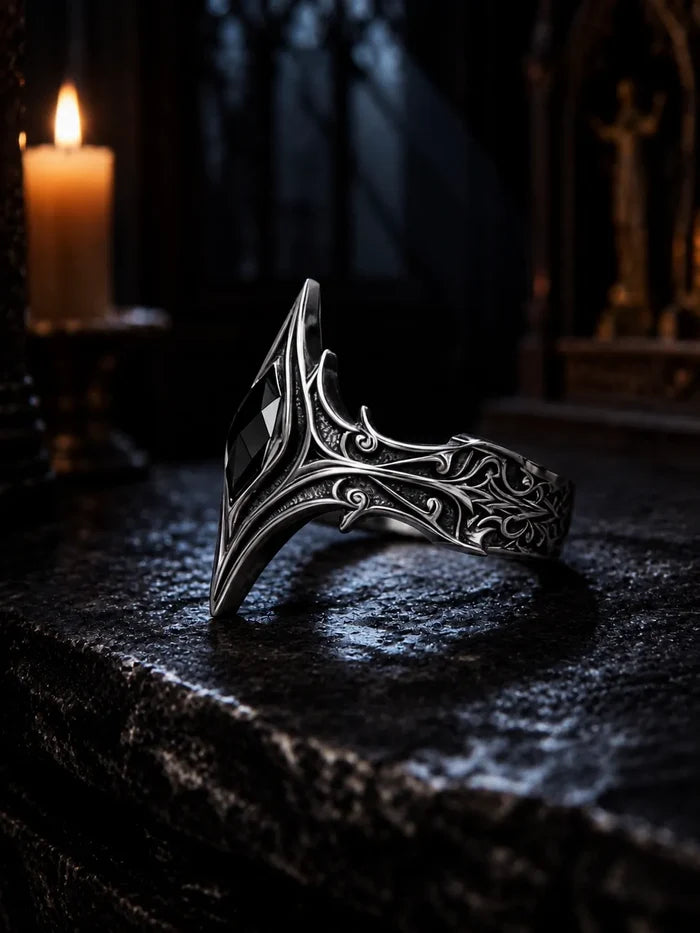 Gothic cathedral chevron ring side profile — black onyx, chiaroscuro oxidized finish, custom engraving available