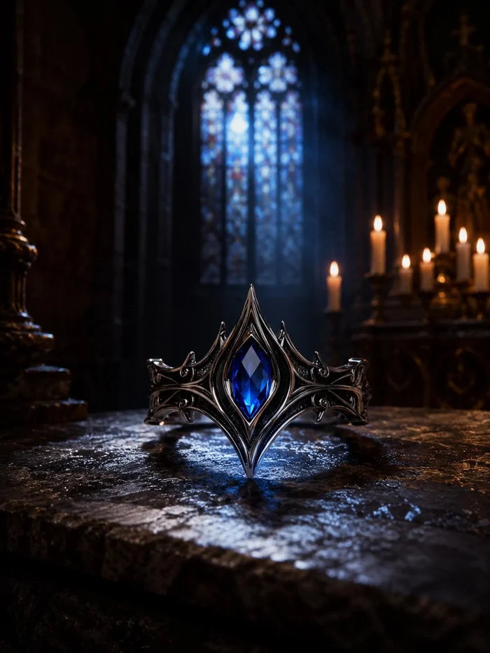 Gothic cathedral chevron ring with blue moissanite — sapphire-like marquise gemstone in V-shaped spire setting