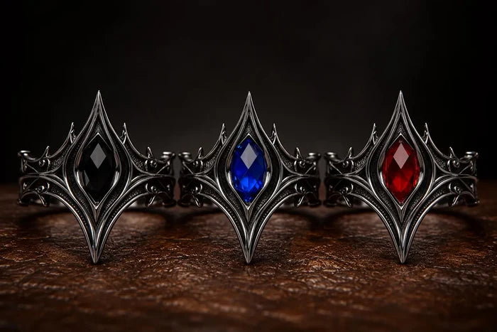 Cathedral chevron ring — moissanite and onyx marquise-cut gemstone in gothic V-crest, sterling silver close-up