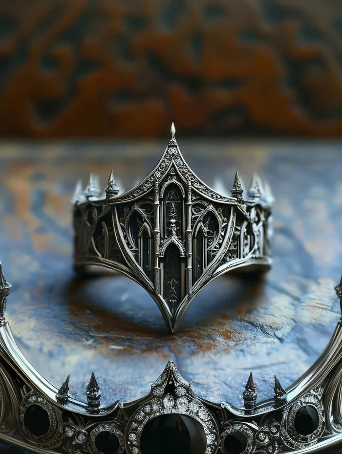 Gothic 925 sterling silver crown ring — Cathedral Citadel architectural spire band front view