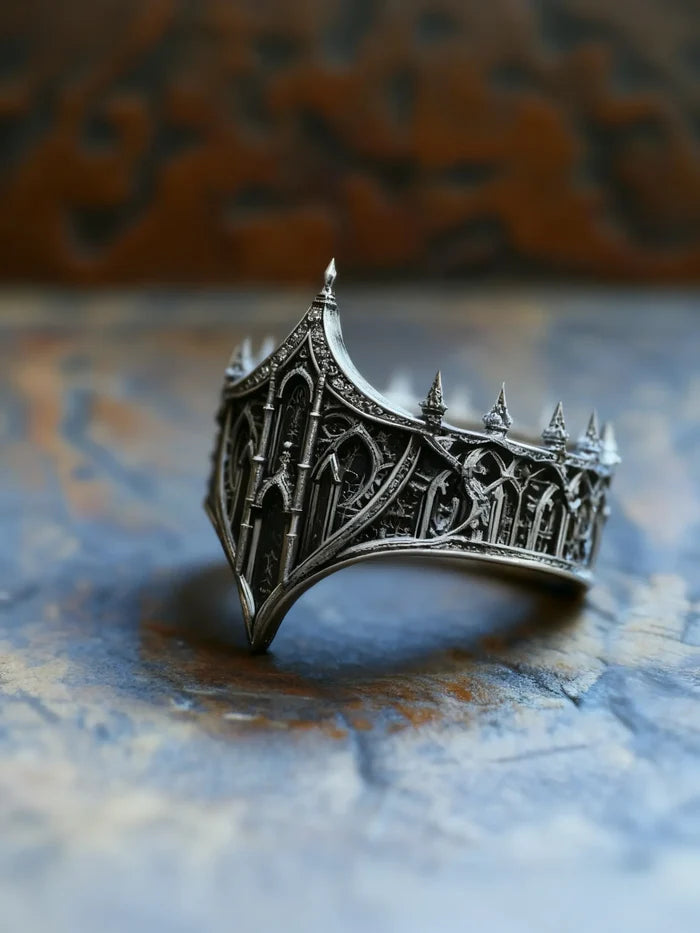 Cathedral Citadel crown ring — towering gothic cathedral facade and razor-sharp spires in oxidized silver