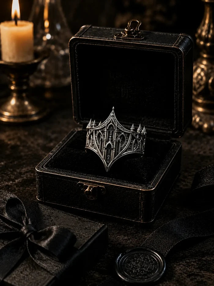 Cathedral Citadel ring side profile — continuous arcade band with chiaroscuro oxidized finish, engravable