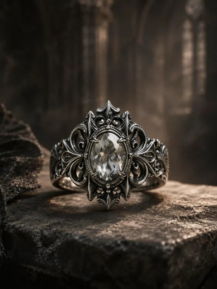Gothic 925 sterling silver cathedral crest ring with white topaz — crown-like gables front view